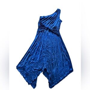 Pretty Garden Dress One Shoulder, Pleated, Handkerchief Hem Royal Blue Size L